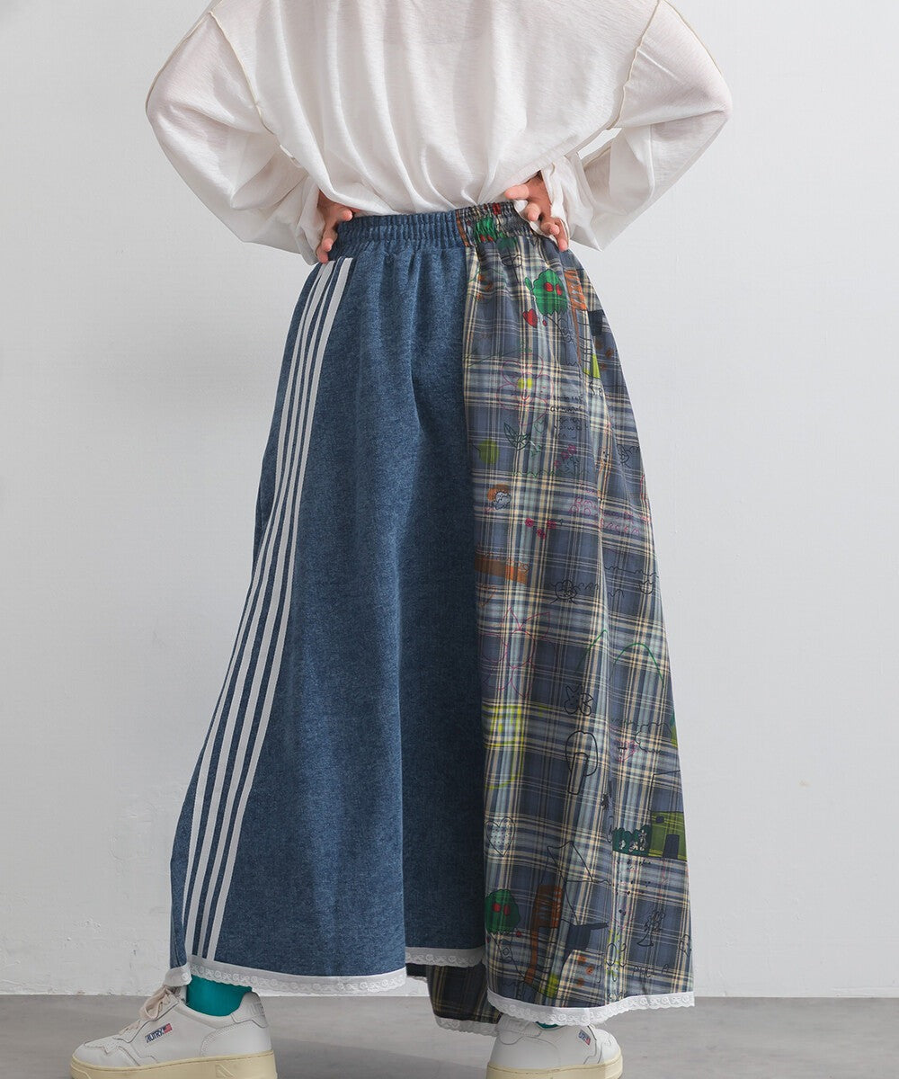 【iriey】牛仔×格紋不對稱拼接 側線條工裝口袋 長裙 Japan E-Shop