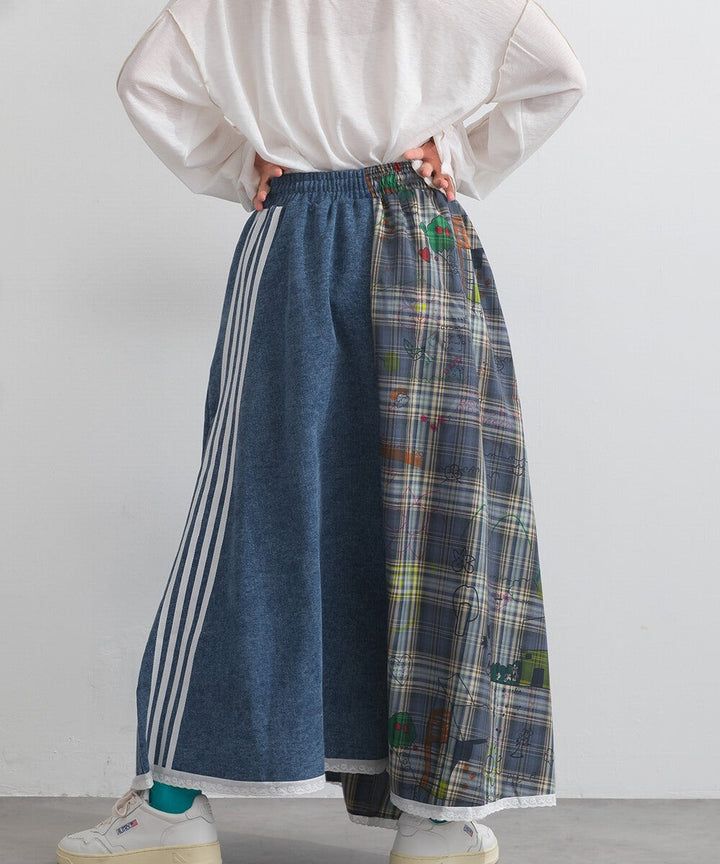 【iriey】牛仔×格紋不對稱拼接 側線條工裝口袋 長裙 Japan E-Shop