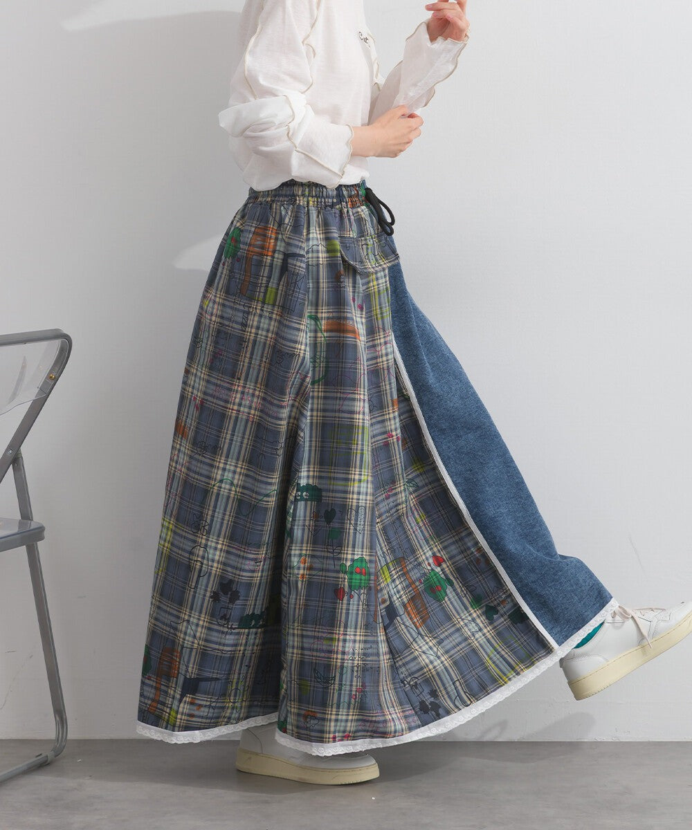 【iriey】牛仔×格紋不對稱拼接 側線條工裝口袋 長裙 Japan E-Shop