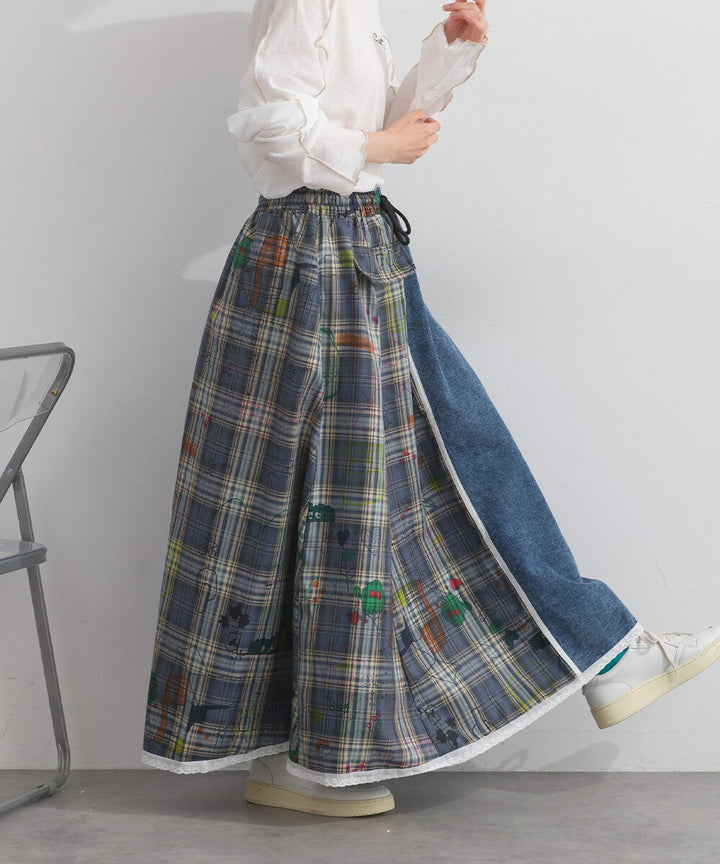 【iriey】牛仔×格紋不對稱拼接 側線條工裝口袋 長裙 Japan E-Shop
