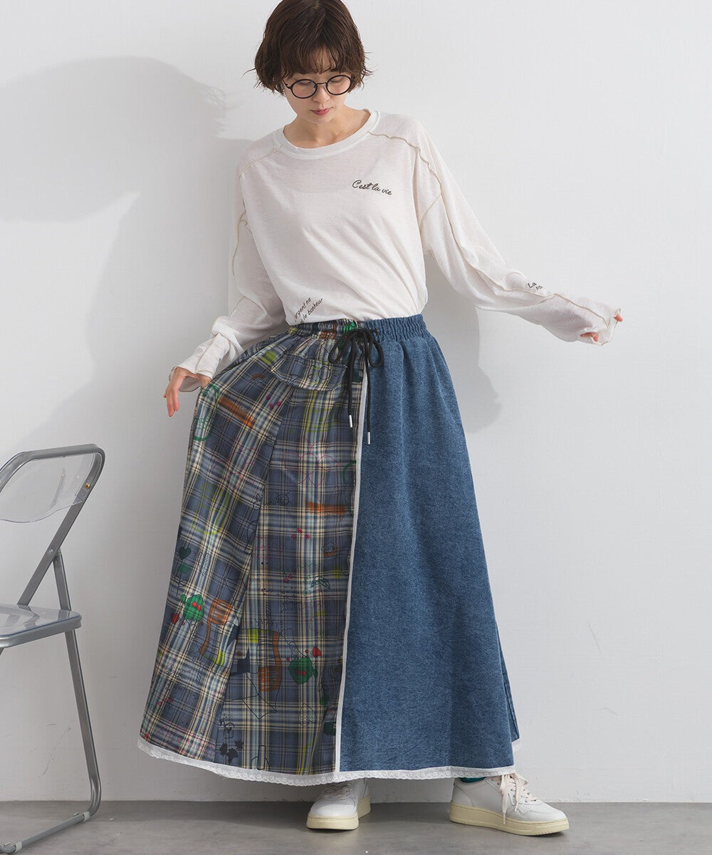 【iriey】牛仔×格紋不對稱拼接 側線條工裝口袋 長裙 Japan E-Shop