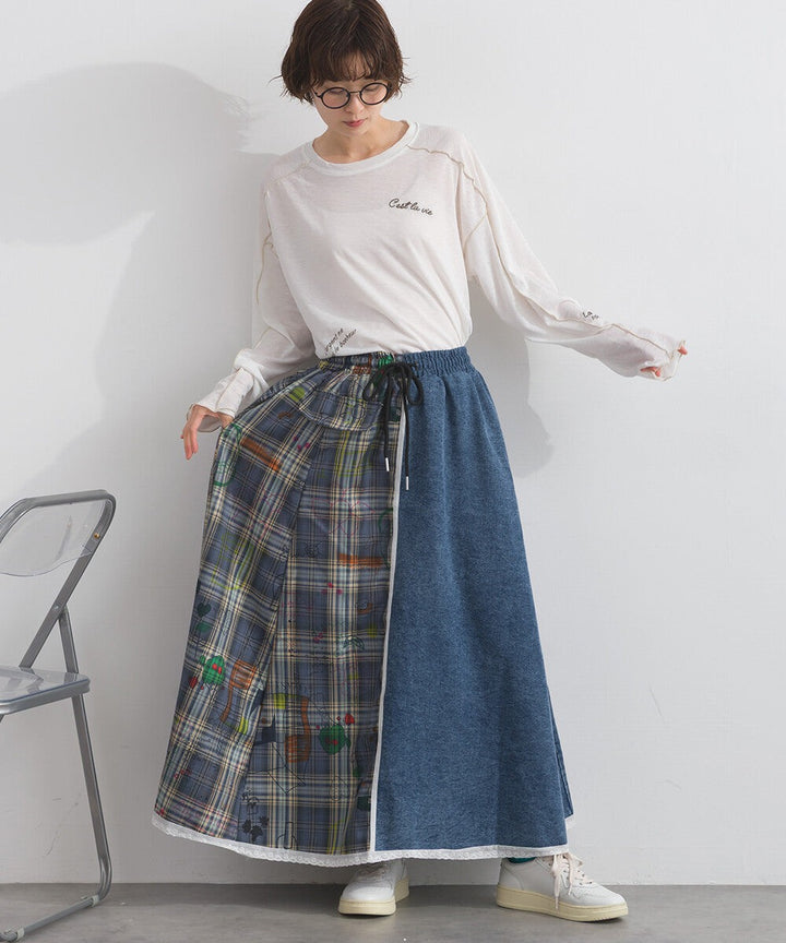 【iriey】牛仔×格紋不對稱拼接 側線條工裝口袋 長裙 Japan E-Shop