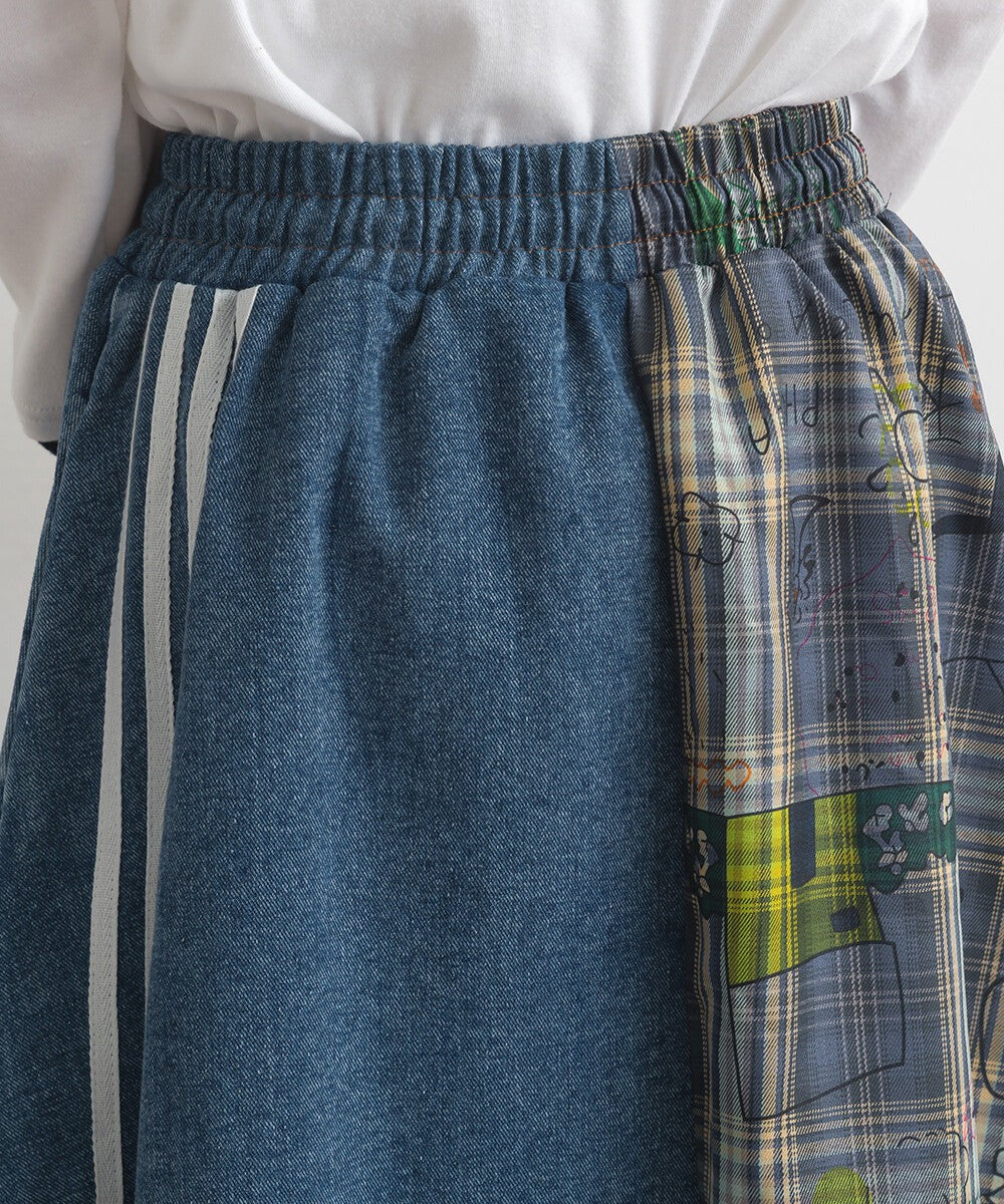 【iriey】牛仔×格紋不對稱拼接 側線條工裝口袋 長裙 Japan E-Shop