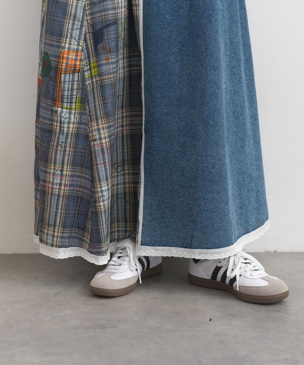 【iriey】牛仔×格紋不對稱拼接 側線條工裝口袋 長裙 Japan E-Shop