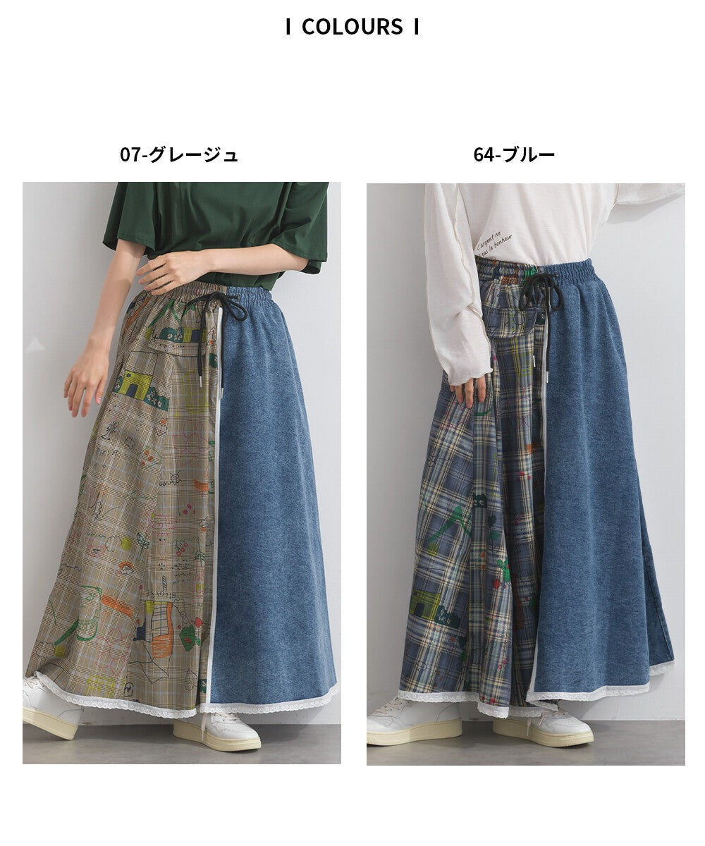 【iriey】牛仔×格紋不對稱拼接 側線條工裝口袋 長裙 Japan E-Shop