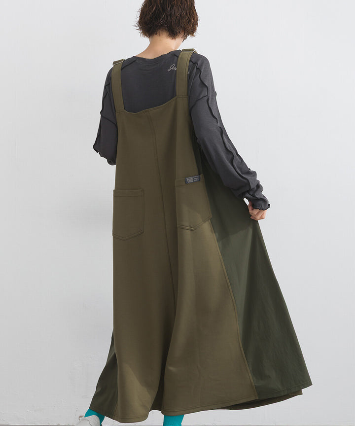 【iriey】TR彈力打褶 尼龍拼接 A字吊帶連身裙 Japan E-Shop