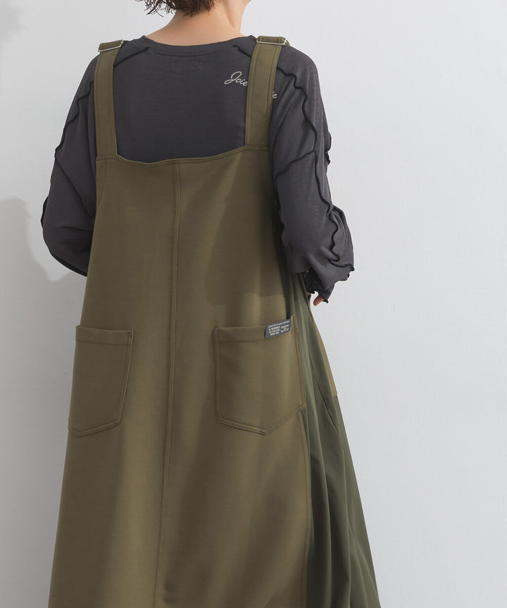 【iriey】TR彈力打褶 尼龍拼接 A字吊帶連身裙 Japan E-Shop