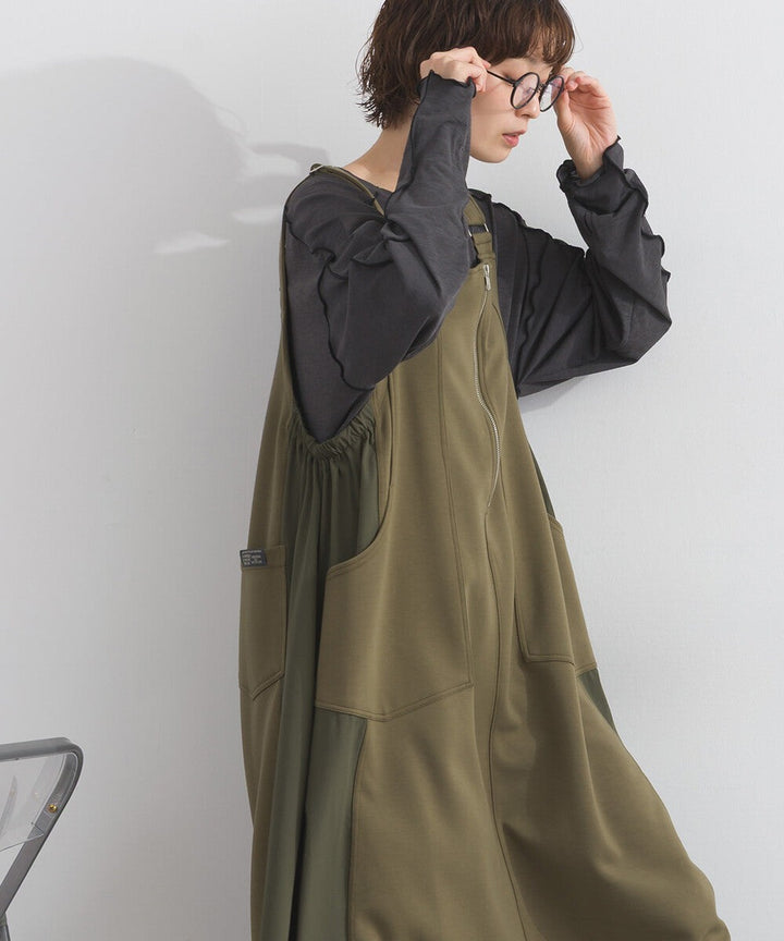 【iriey】TR彈力打褶 尼龍拼接 A字吊帶連身裙 Japan E-Shop