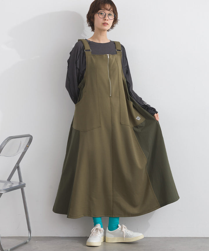 【iriey】TR彈力打褶 尼龍拼接 A字吊帶連身裙 Japan E-Shop