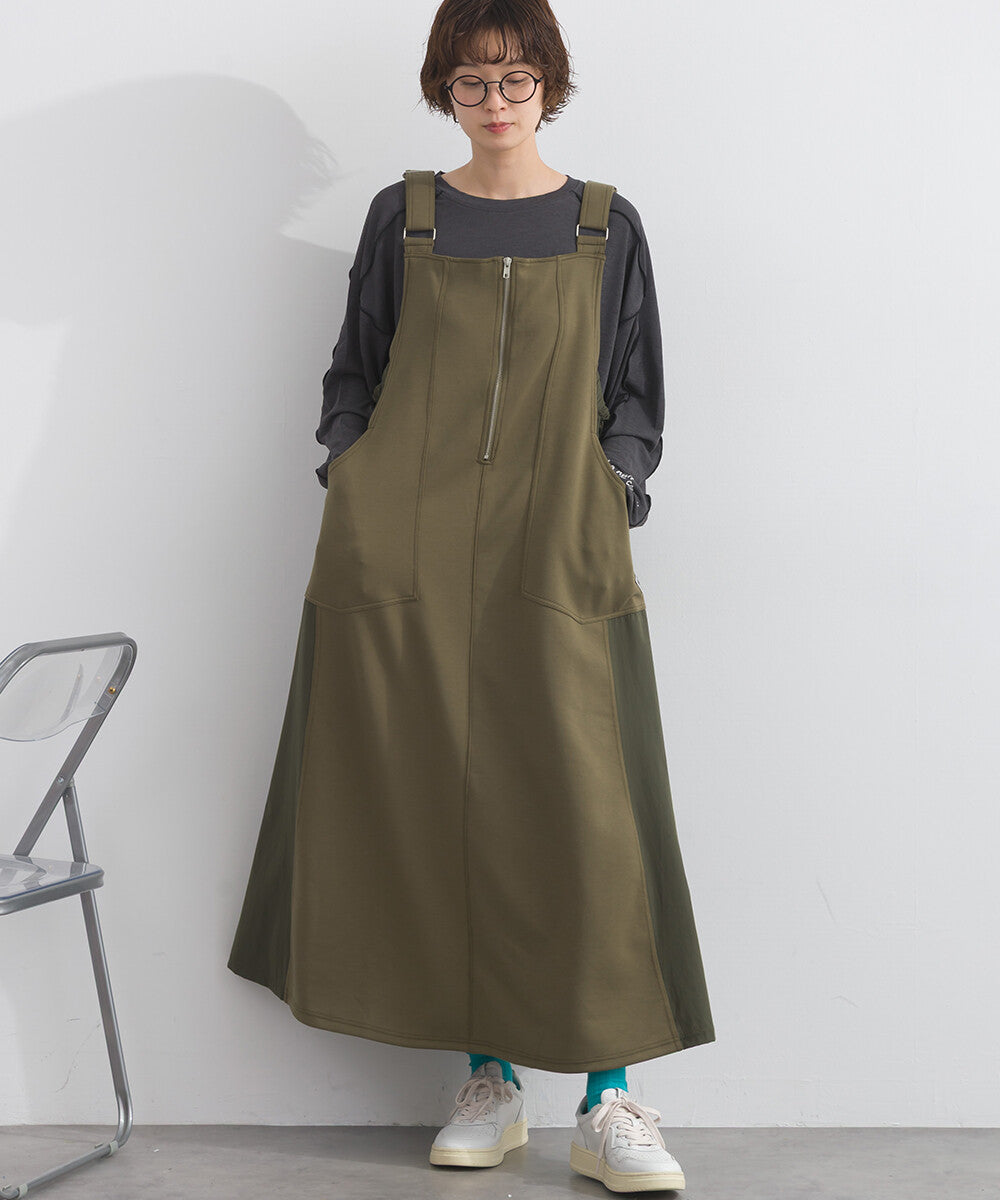【iriey】TR彈力打褶 尼龍拼接 A字吊帶連身裙 Japan E-Shop