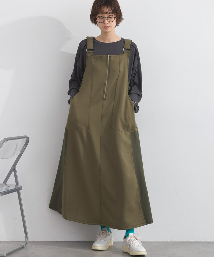 【iriey】TR彈力打褶 尼龍拼接 A字吊帶連身裙 Japan E-Shop
