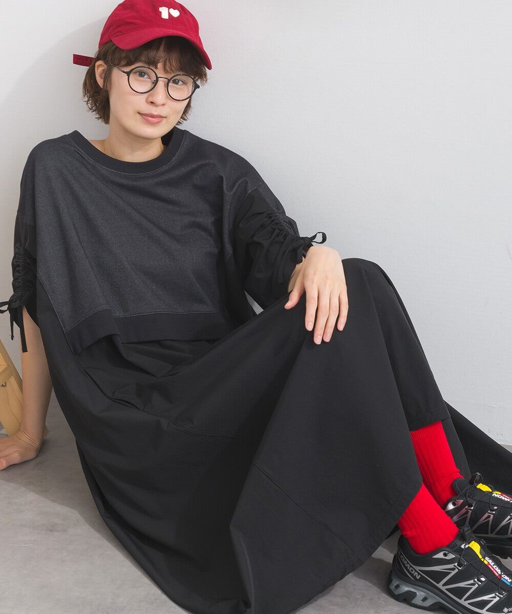 【iriey】防風異材質拼接 袖口縮褶抽繩 寬擺長版連身裙 Japan E-Shop