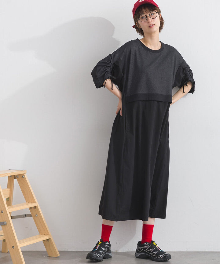 【iriey】防風異材質拼接 袖口縮褶抽繩 寬擺長版連身裙 Japan E-Shop