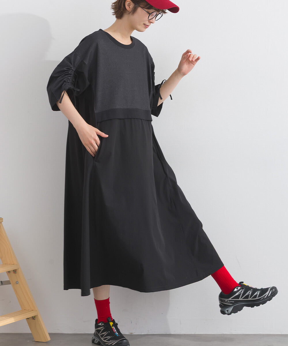 【iriey】防風異材質拼接 袖口縮褶抽繩 寬擺長版連身裙 Japan E-Shop