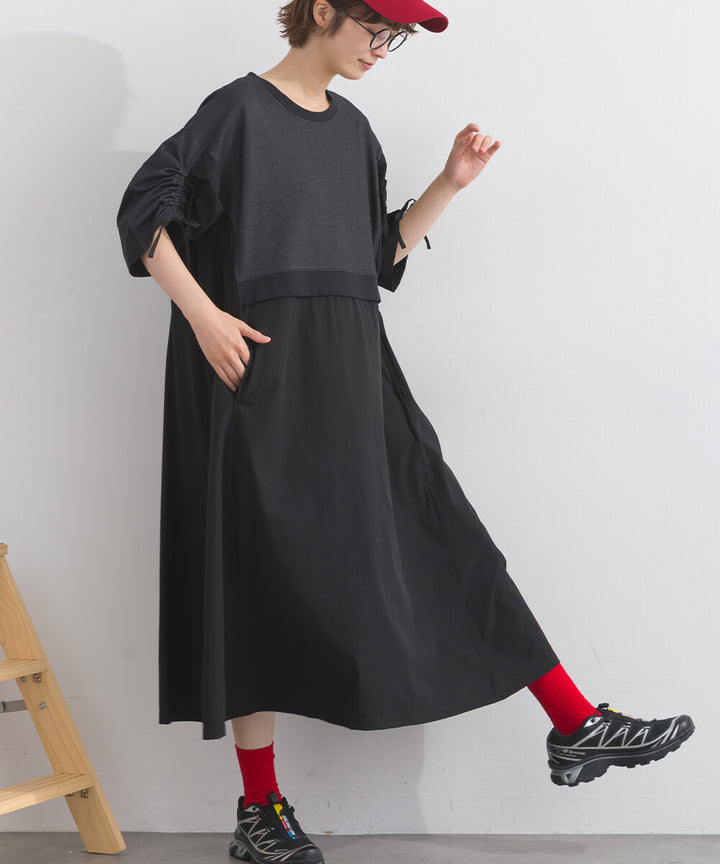 【iriey】防風異材質拼接 袖口縮褶抽繩 寬擺長版連身裙 Japan E-Shop
