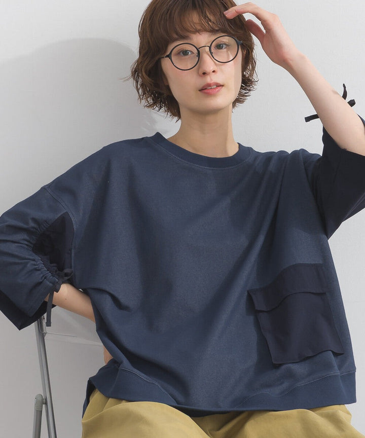 【iriey】防風異材質拼接 袖口縮褶翻蓋口袋 寬鬆套頭上衣 Japan E-Shop
