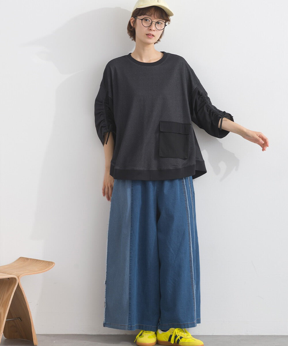 【iriey】防風異材質拼接 袖口縮褶翻蓋口袋 寬鬆套頭上衣 Japan E-Shop