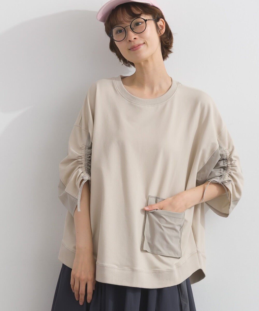 【iriey】防風異材質拼接 袖口縮褶翻蓋口袋 寬鬆套頭上衣 Japan E-Shop