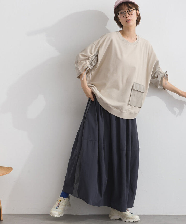 【iriey】防風異材質拼接 袖口縮褶翻蓋口袋 寬鬆套頭上衣 Japan E-Shop