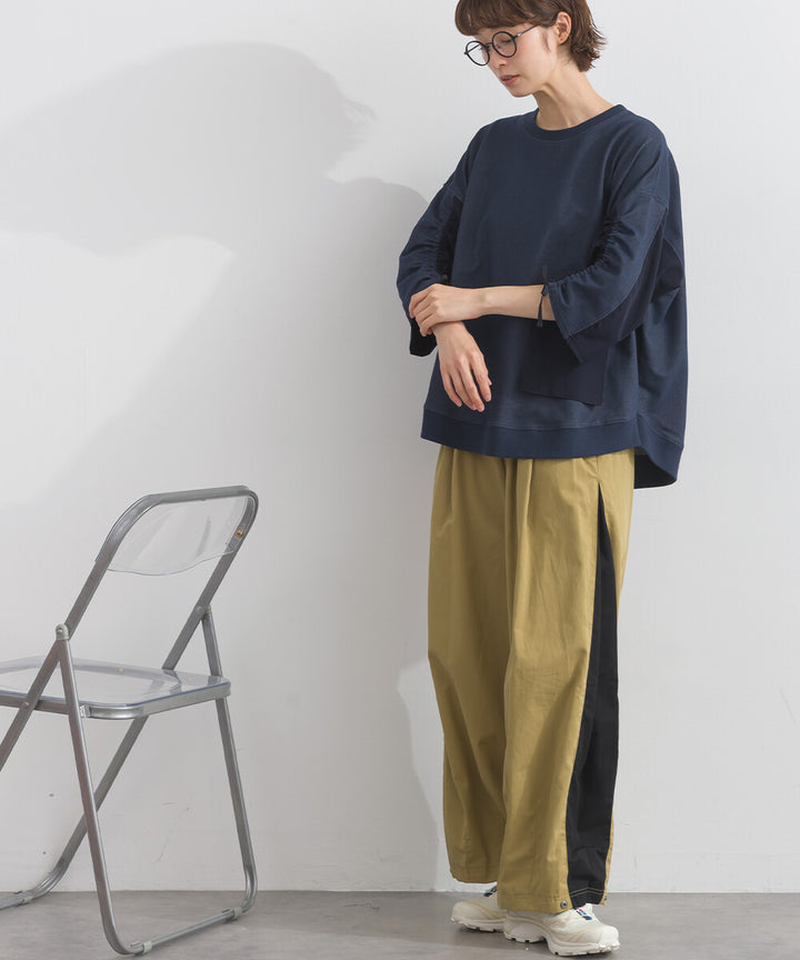 【iriey】防風異材質拼接 袖口縮褶翻蓋口袋 寬鬆套頭上衣 Japan E-Shop