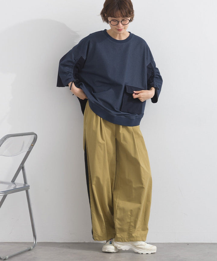 【iriey】防風異材質拼接 袖口縮褶翻蓋口袋 寬鬆套頭上衣 Japan E-Shop