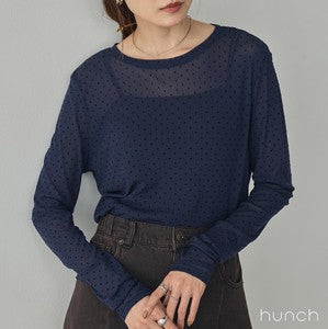 hunch 透膚網紗植絨水點圓領長袖上衣 海軍藍 FREE Japan E-Shop