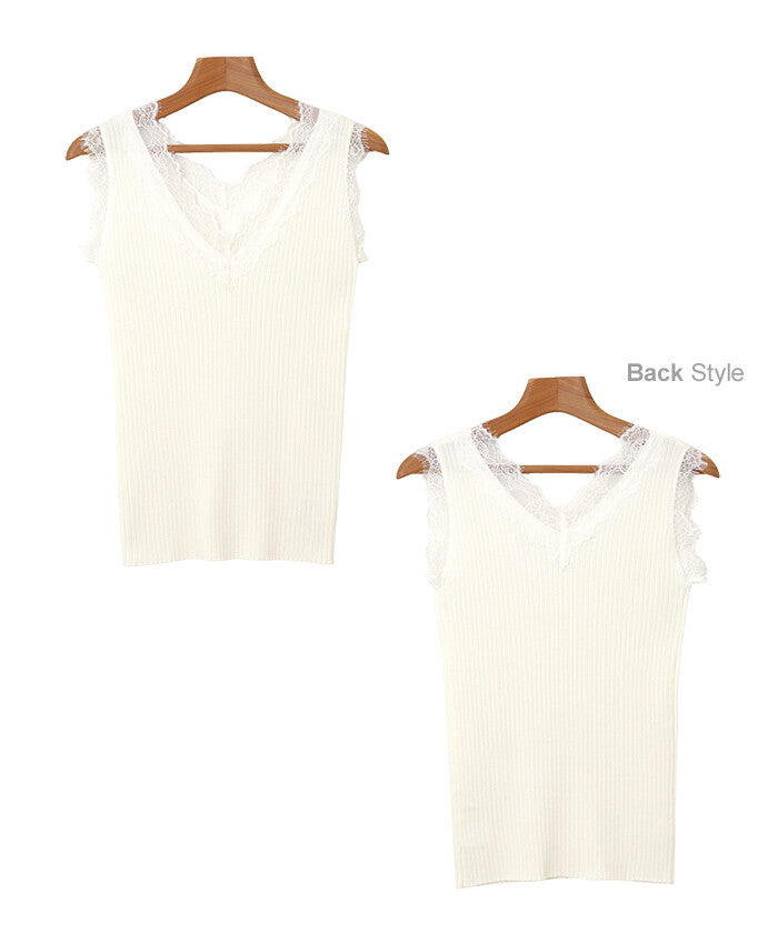 【Alma Design】V領蕾絲拼接羅紋針織背心 修身內搭款 顏色