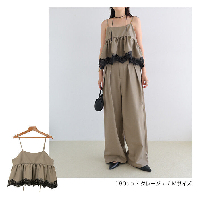 【Alma Design】裙襬蕾絲斜紋布馬甲式細肩上衣 素色點點兩款 顏色