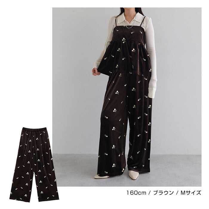 【Alma Design】小花刺繡絲絨鬆緊腰長褲 直筒版型附內裡 顏色