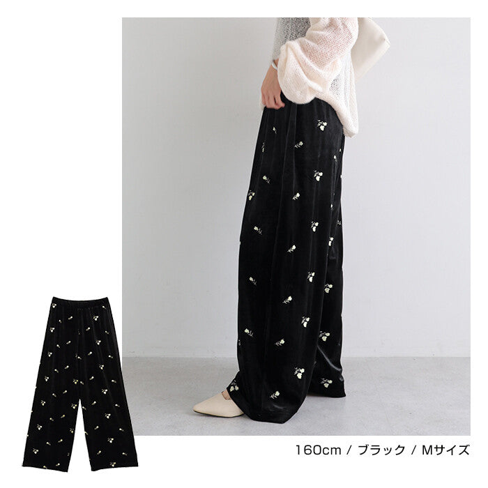 【Alma Design】小花刺繡絲絨鬆緊腰長褲 直筒版型附內裡 顏色