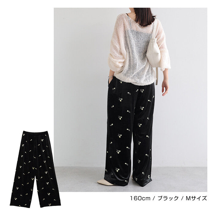 【Alma Design】小花刺繡絲絨鬆緊腰長褲 直筒版型附內裡 顏色