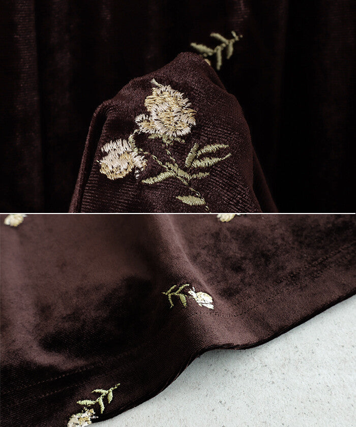 【Alma Design】小花刺繡絲絨鬆緊腰長褲 直筒版型附內裡 顏色