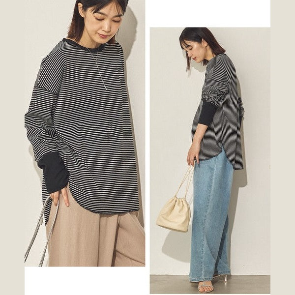 Sans Souci 日系彈力羅紋弧形下擺長袖上衣 舒適修身百搭款 Japan E-Shop