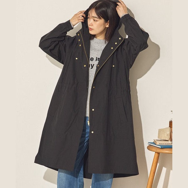 Sans Souci 防潑水長版連帽風衣外套 質感金屬扣抽繩修身外套 Japan E-Shop