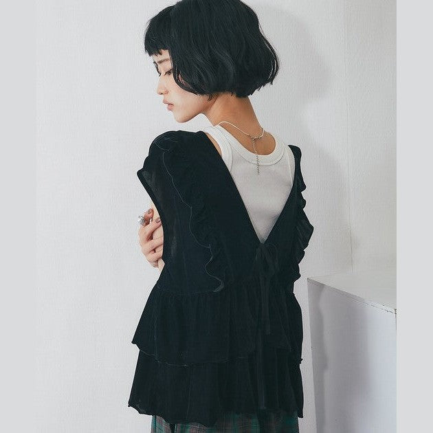【another s】雙面兩穿絲絨荷葉邊蛋糕裙擺背心上衣 F Size Japan E-Shop