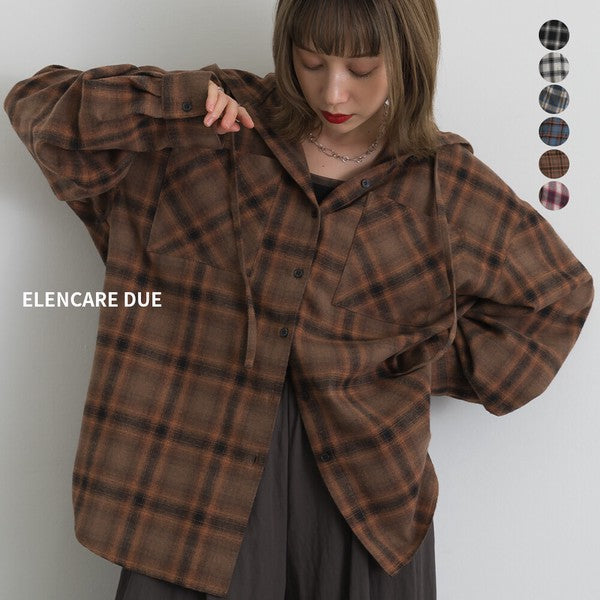 ELENCARE DUE 色織微絨格紋連帽寬鬆蓬蓬袖襯衫外套 Japan E-Shop