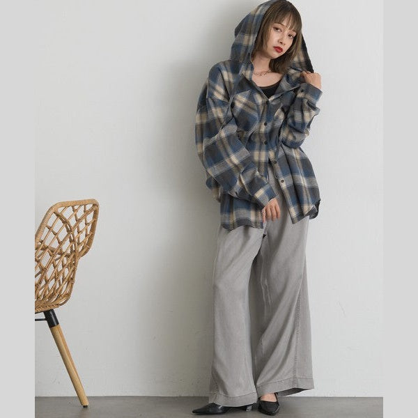 ELENCARE DUE 色織微絨格紋連帽寬鬆蓬蓬袖襯衫外套 Japan E-Shop