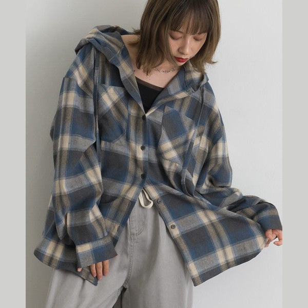 ELENCARE DUE 色織微絨格紋連帽寬鬆蓬蓬袖襯衫外套 Japan E-Shop