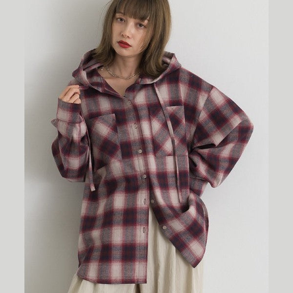 ELENCARE DUE 色織微絨格紋連帽寬鬆蓬蓬袖襯衫外套 Japan E-Shop