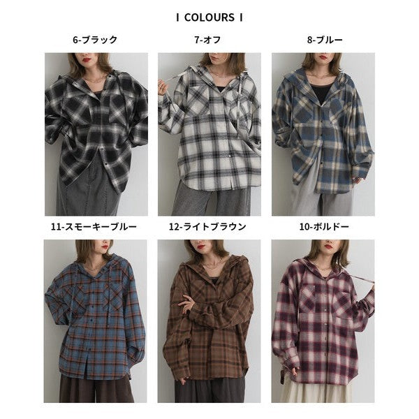 ELENCARE DUE 色織微絨格紋連帽寬鬆蓬蓬袖襯衫外套 Japan E-Shop