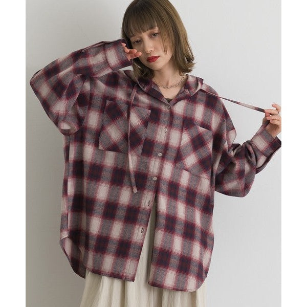 ELENCARE DUE 色織微絨格紋連帽寬鬆蓬蓬袖襯衫外套 Japan E-Shop