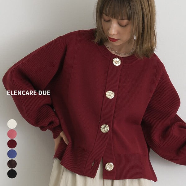 【換季必備】ELENCARE DUE 輕量蓬鬆感大金釦圓領針織開襟衫 - Free Size