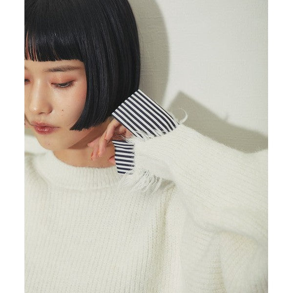 【another s】 慵懶微叛逆！條紋假兩件破壞感針織上衣 F size Japan E-Shop