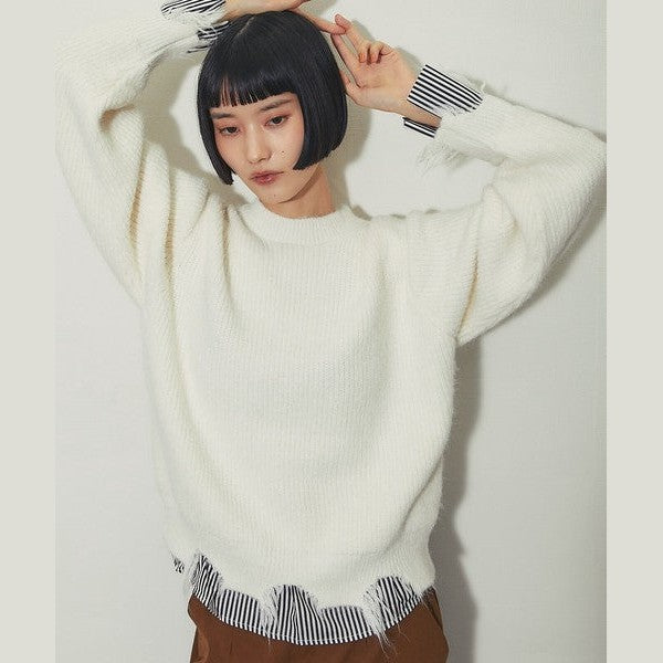 【another s】 慵懶微叛逆！條紋假兩件破壞感針織上衣 F size Japan E-Shop