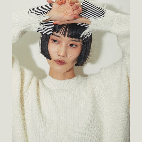 【another s】 慵懶微叛逆！條紋假兩件破壞感針織上衣 F size Japan E-Shop
