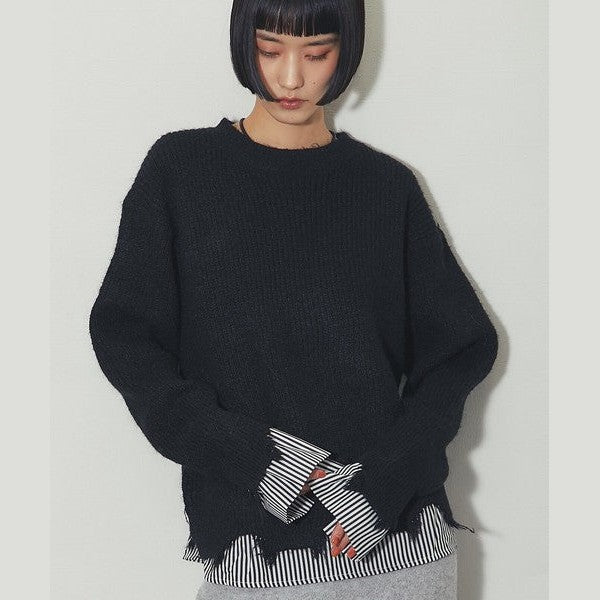 【another s】 慵懶微叛逆！條紋假兩件破壞感針織上衣 F size Japan E-Shop
