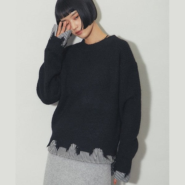 【another s】 慵懶微叛逆！條紋假兩件破壞感針織上衣 F size Japan E-Shop