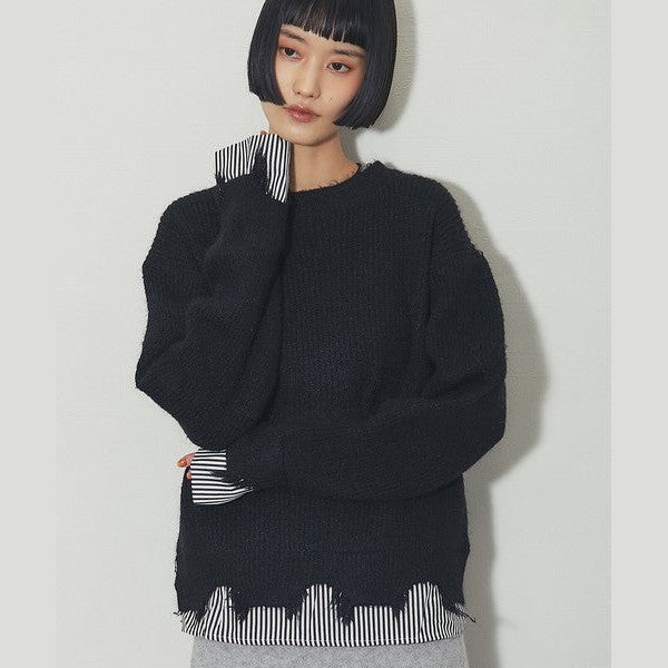 【another s】 慵懶微叛逆！條紋假兩件破壞感針織上衣 F size Japan E-Shop