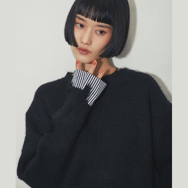【another s】 慵懶微叛逆！條紋假兩件破壞感針織上衣 F size Japan E-Shop