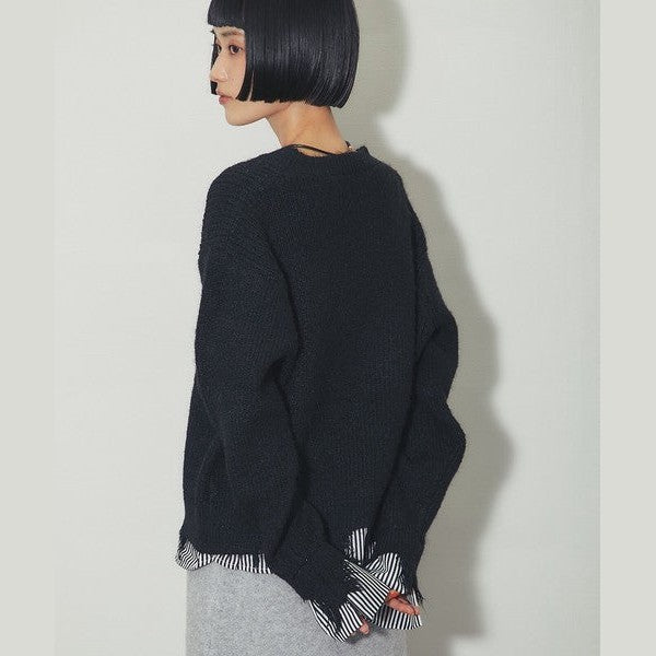 【another s】 慵懶微叛逆！條紋假兩件破壞感針織上衣 F size Japan E-Shop